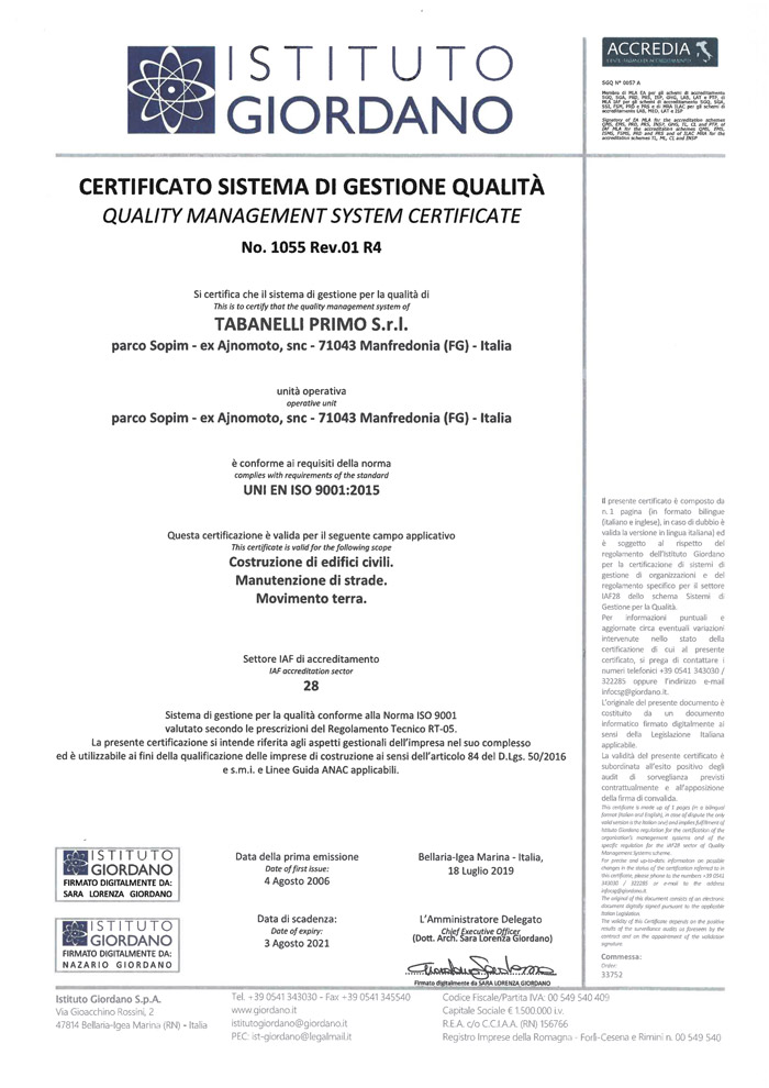 La certificazione ISO 9001:2015 garantisce l’implementazione di un sistema di gestione della qualità e comprende una raccolta di politiche, processi, procedure documentate e registrazioni.