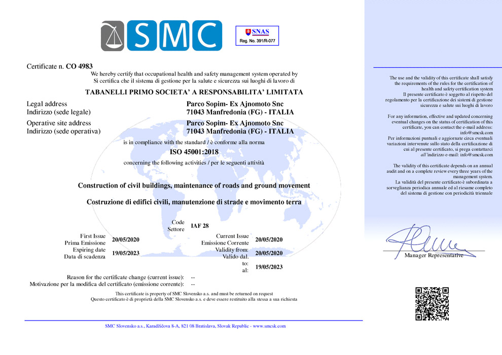 La certificazione ISO 45001:2018 garantisce l’implementazione di un sistema di gestione per la salute e sicurezza sul lavoro che stabilisce gli standard di buona pratica per la protezione dei lavoratori presenti nei nostri cantieri.